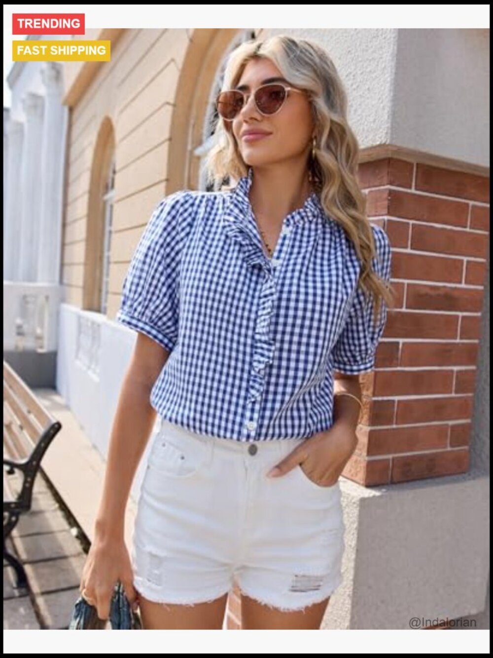Cotton Plaid Gingham Short Sleeve Button Down Ruffle V Neck Blouse Shirt - Picture 5 of 7